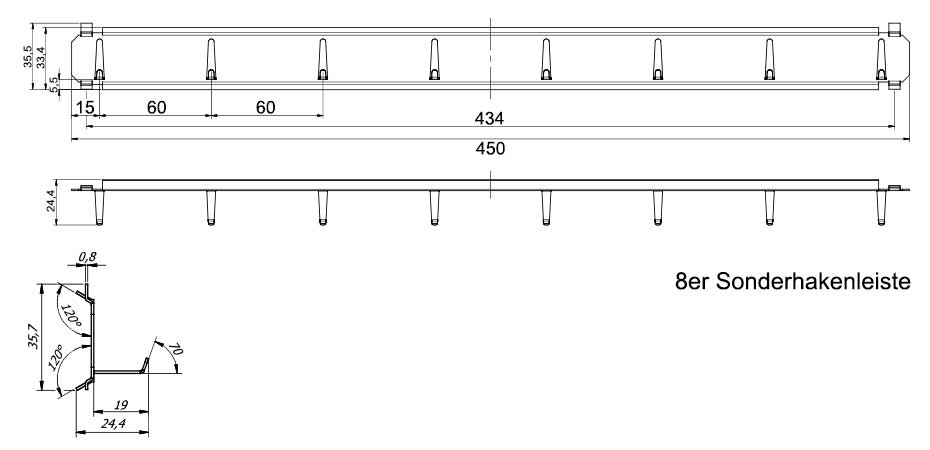 8er Sonderhakenleisten, 450 mm